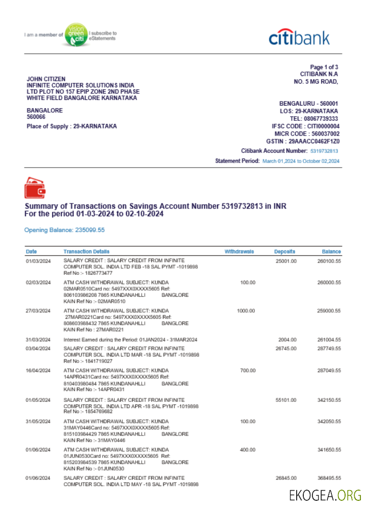 Modèle de relevé bancaire INDIA CITIBANK, format Word et PDF